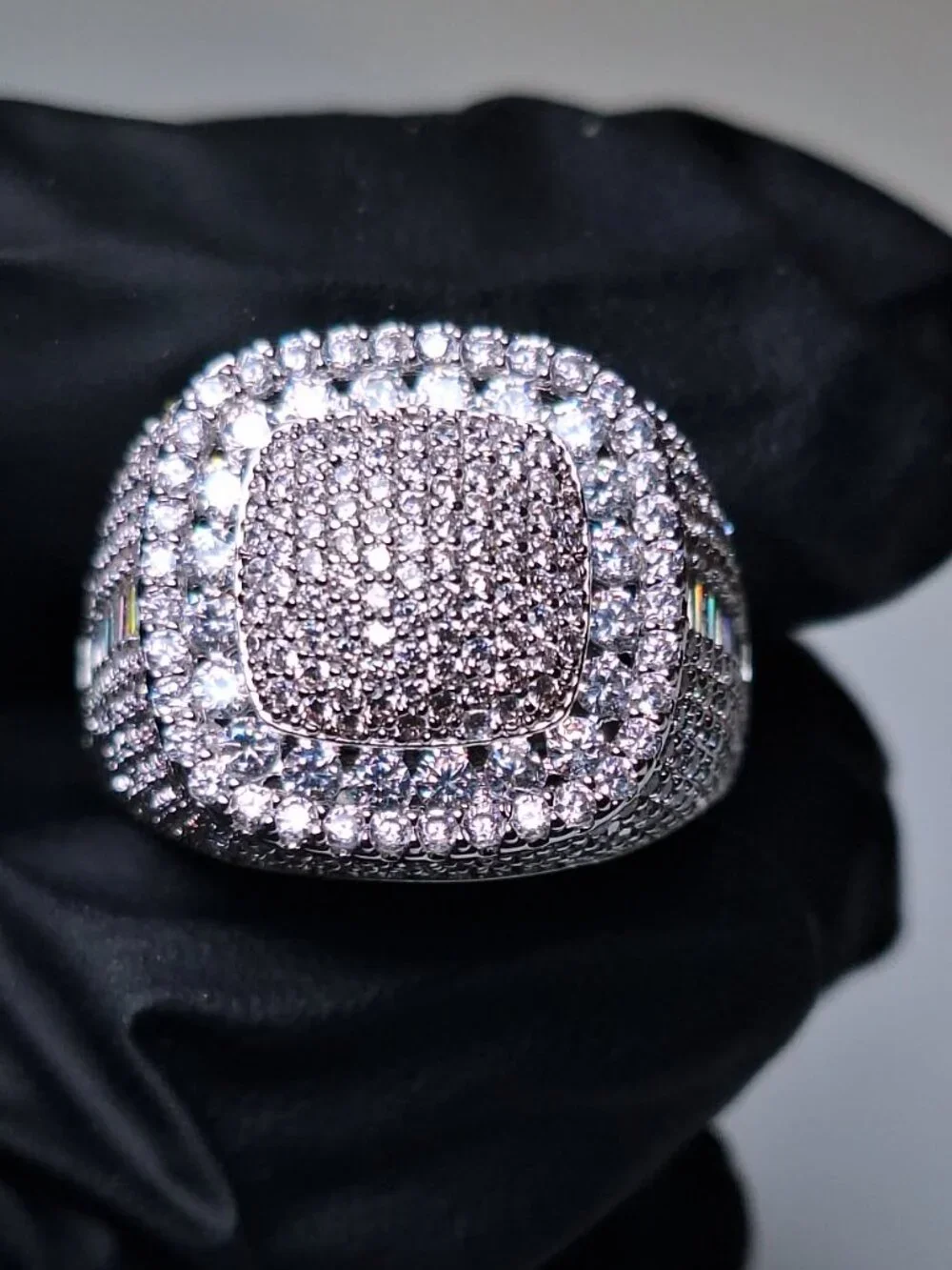 Men's Silver Tone Iced Out Square Baguette Ring Tarnish resistant and waterproof